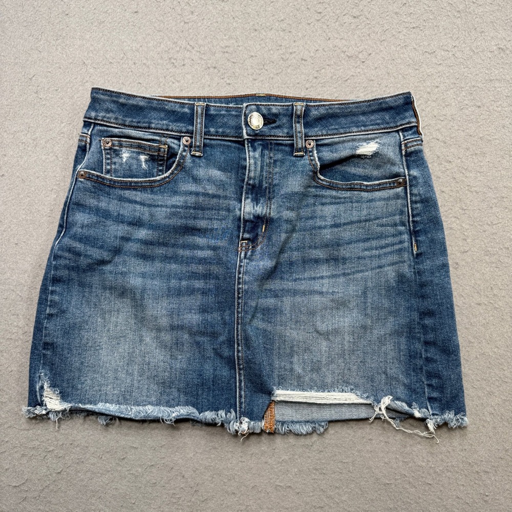 American Eagle Mini Skirt Women's 8 Blue Denim Super Stretch Distressed Cut Off